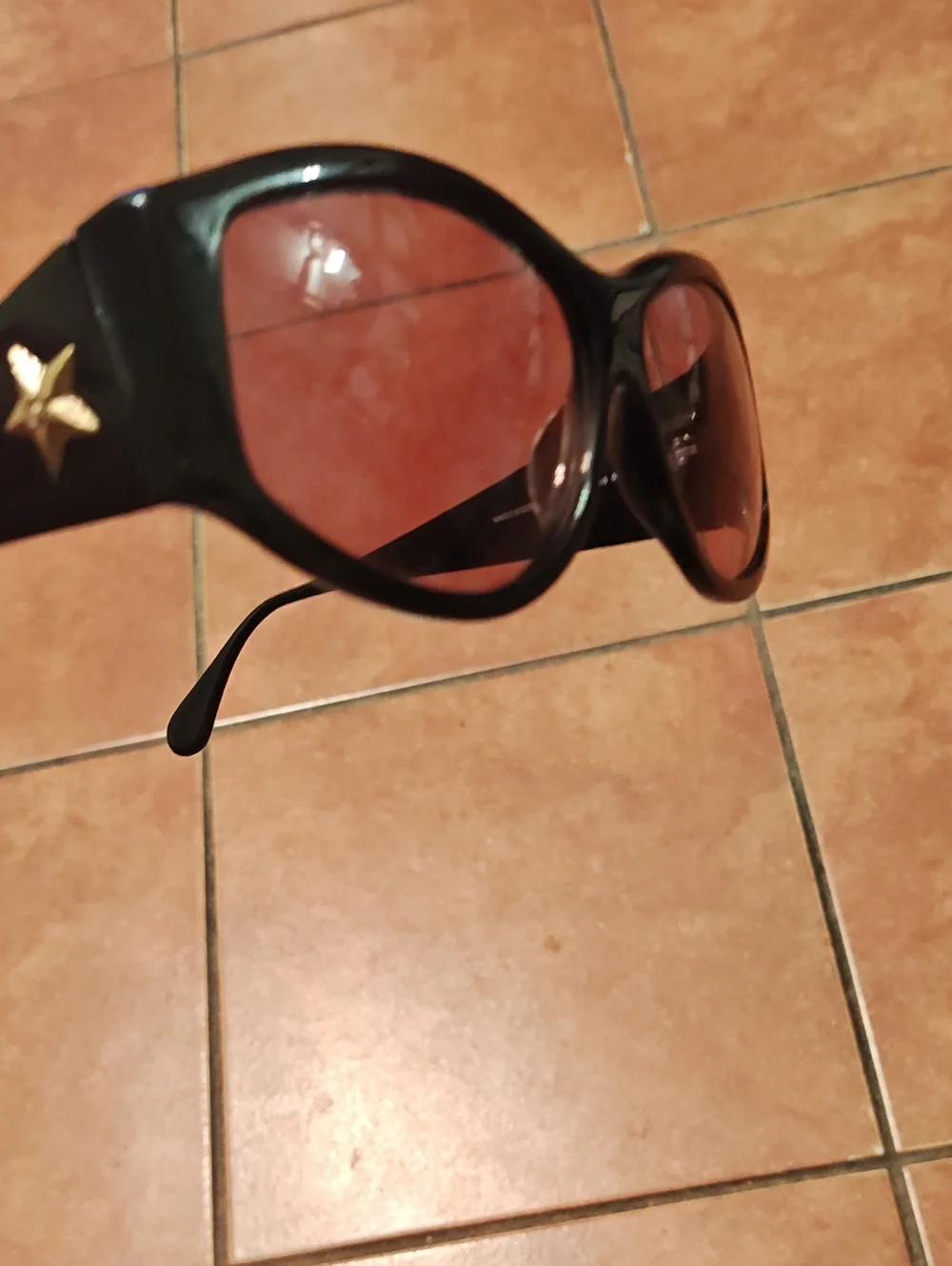 Christian Lacroix Black Frame Sunglasses with Pink Lenses and Gold Star Accent